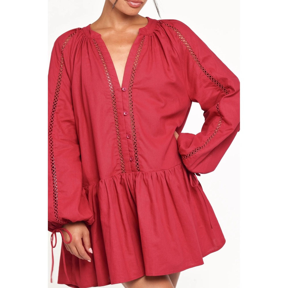 Petal + Pup Hart Mini Dress Women XS Wine Red Cotton Linen Long Sleeve Boho